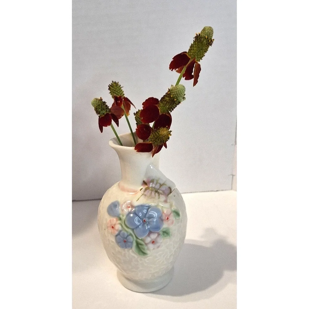 Vintage Miniature Porcelain Bud Vase Floral Butterfly Relief White Blue 4 Inch